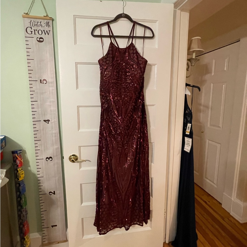 MORGAN & CO Womens Burgundy Sequined Zippered Spaghetti Strap Halter Full-Length